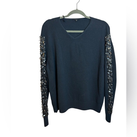 Lafayette 148 Gray Sequin Embellished V-Neck Cashmere Sweater - Picture 1 of 6